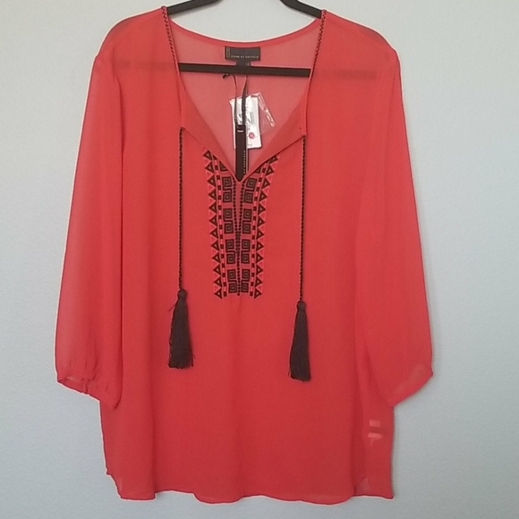I Jeans by Buffalo NWT Sheer red black Popover Boho Blouse Top Large - Picture 1 of 7